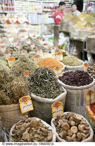 Spices shop in Hama bazaar in Syria.