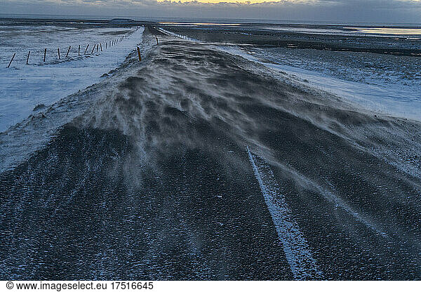spindrift on rural road in Iceland