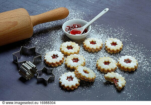 Spitzbube  cookie with dough roll and bowl with currant jelly  Germany  Europe