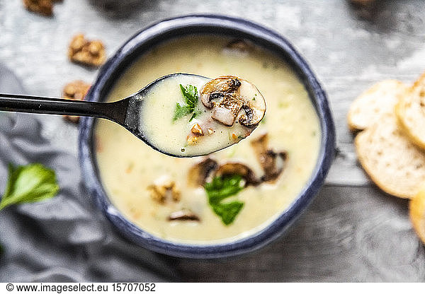 Spoon of German spelt soup with mushrooms  walnuts and parsley