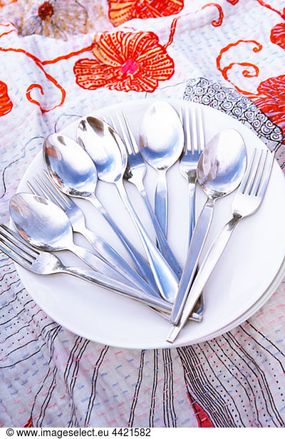 Spoons and forks on stack of plates