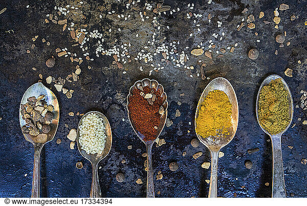 Spoons with various spices and legumes