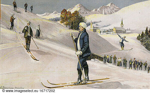 Sport / Winter Sports / Skiing: “Winter Fun . Colour lithograph after G. Dunzinger.
From: J. Staubs Bilderbuch. Anschauungsunterricht für Kinder. 5. Heft  Zurich (Switzerland  published by Verlag Gebr. Künzli) 1908  plate 58.
Private Collection.