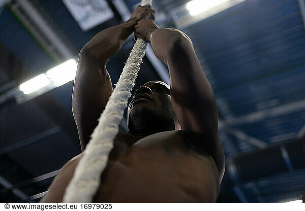 Sportive man climbing rope in gym