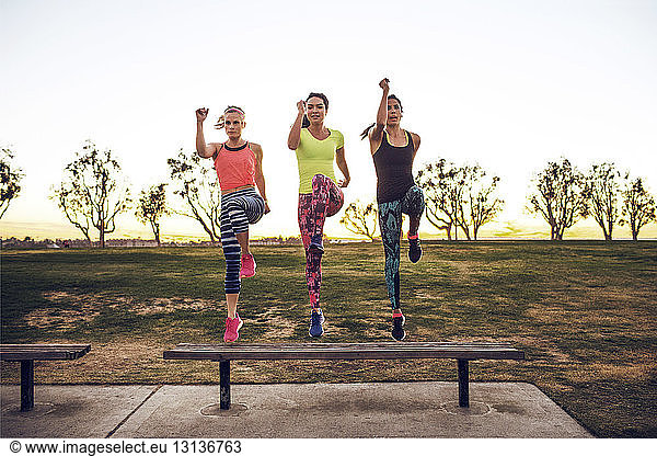Sportlerinnen trainieren auf einer Parkbank vor klarem Himmel