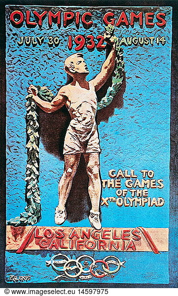 sports  Olympic Games  Los Angeles 30.7. - 14.8.1932  poster  1932  10th Olympic Games  Summer Olympic Games  Summer Olympics  summer games  advertising  USA  United States of America  athlete with garland  California  Olympia  Olympic Games  Olympics  Olympiad  championship  championships  contest  contests  tournament  tourney  tournaments  tourneys  1930s  30s  20th century  game  games  by lot  cast lots  poster  bill  placard  bills  posters  placards  historic  historical  man  men  male  people