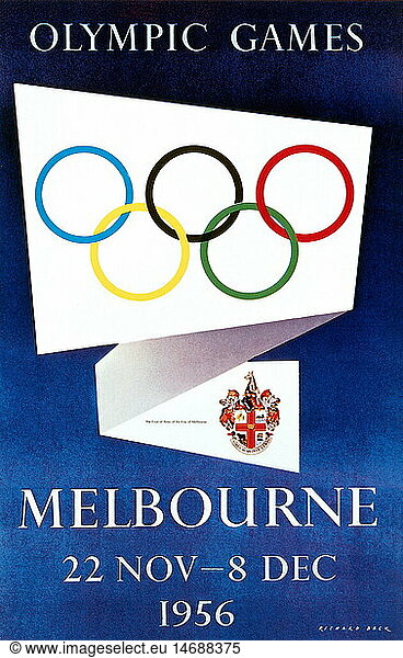 sports  Olympic Games  Melbourne 22.11. - 8.12.1956  poster  1956  16th Olympic Games  Australia  Olympic ring  coat of arms  city arms  Summer Olympic Games  Summer Olympics  summer games  advertising  symbol  symbols  Olympia  Olympic Games  Olympics  Olympiad  championship  championships  contest  contests  tournament  tourney  tournaments  tourneys  1950s  50s  20th century  game  games  poster  bill  placard  bills  posters  placards  historic  historical
