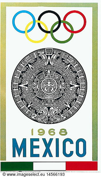 sports  Olympic Games  Mexico City 12. - 27.10.1968  poster  1968  19th Olympic Games  Summer Olympic Games  Summer Olympics  summer games  Ciudad de Mexico  advertising  Aztec calendar  Aztecs  Olympic ring  symbol  symbols  Mexico  Olympia  Olympic Games  Olympics  Olympiad  championship  championships  contest  contests  tournament  tourney  tournaments  tourneys  calendar  calendars  Central America  America  1960s  60s  20th century  game  games  poster  bill  placard  bills  posters  placards  historic  historical