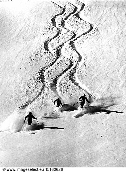 sports  winter sports  skiing  three skiers in the deep powder snow  Zuers  skiing area Arlberg  Vorarlberg  1960s