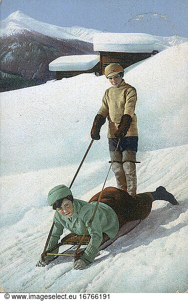Sports:
Winter sports / Sledding. Young women sledding in the mountains. Postcard (colour print  based on a coloured photography)  date and location unknown (Postmark 1908).
Berlin  Sammlung Archiv für Kunst und Geschichte.