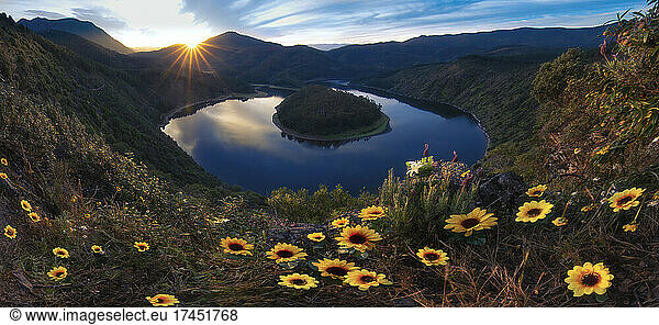 Spring view of the valley of the meander of Melero at sunrise  flowers
