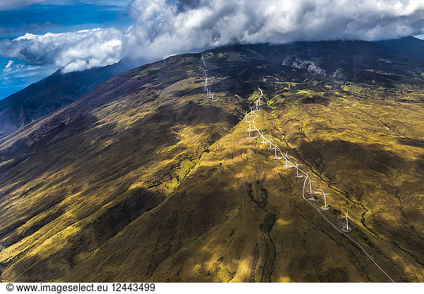 Springtime aerial view showing the Kahea Wind Power wind farm on West Maui  Hawaii  USA that is positioned to capture power from the trade winds that funnel through Maui's central valley  Maui  Hawaii  United States of America