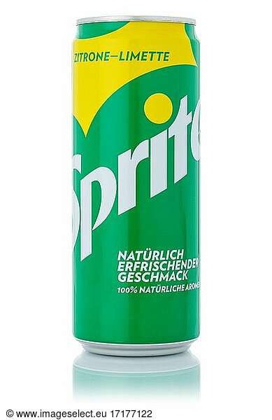 Sprite lemon lemonade soft drink beverage in beverage can cutout on white background  Germany  Europe