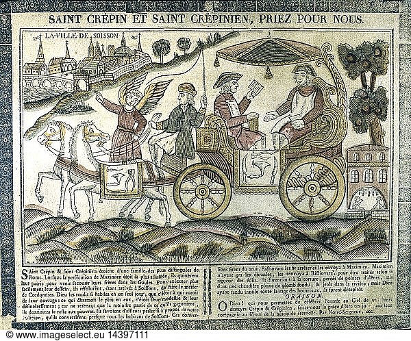 St Crispin and St Crispian  Roman brothers. Went to Soissons  France  303 to spread gospel and supported themselves by shoemaking. Patron saints of shoemakers. Tools of trade on side of carriage and on cloth on horse. 19th century French coloured woodcut.