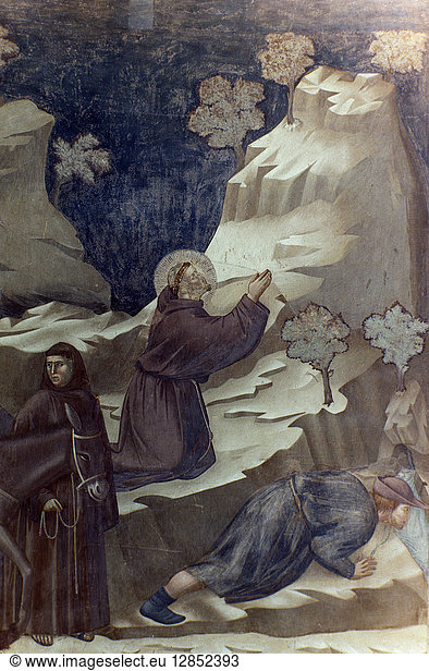 ST FRANCIS OF ASSISI. Giotto: 'St Francis and the Miracle of the Spring.' Fresco of St. Francis of Assisi (1182-1226)  14th century.