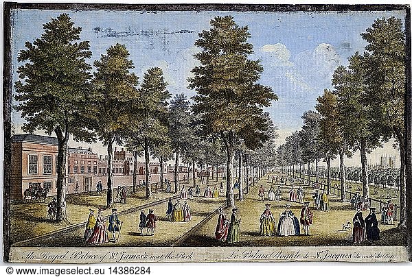 St James" Palace and Park  London  showing formal planting of trees in avenues. Men and women take the air and saunter along the walks in conversation. Hand-coloured engraving 1750 after picture by Jean Rigaud.