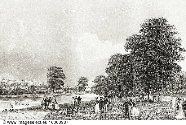 St. James's Park  City of Westminster  London  England  19th century. From The History of London: Illustrated by Views in London and Westminster  published c.1838.