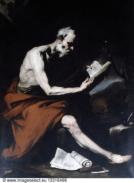 St Jerome Reading'  oil on canvas by a follower of Jusepe de Ribera (1591-1652) Spanish Tenebrist painter. St Jerome (c340-420) a father of Western Christian Church and compiler of the Vulgate. Human skull  a memento mori  rests on pile of books.