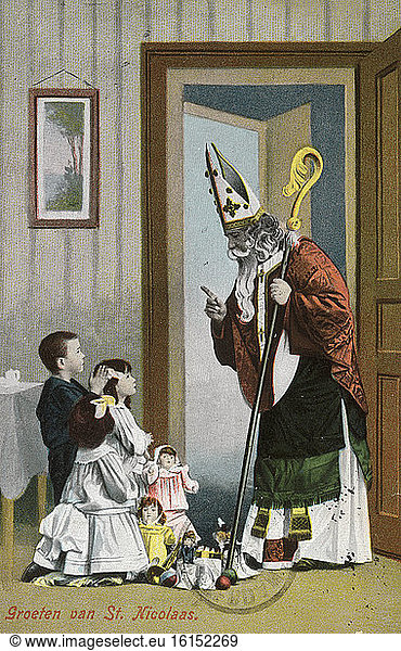 St Nicholas and Presents / Lithograph