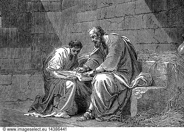 St Paul the Apostle in prison  writing his epistle to the Ephesians. 1st century AD. "Bible" Ephesians 3.1. 19th century wood engraving.