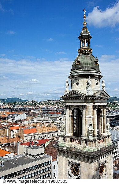 St Stephen's Basilica Bell Tower and city of Budapest from above in Hungary