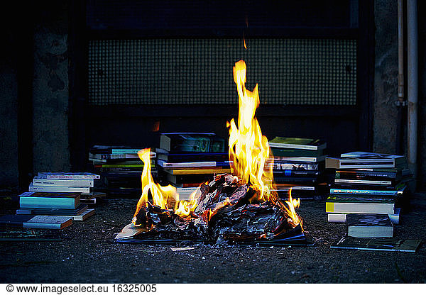 Stack of books  fire  burning books