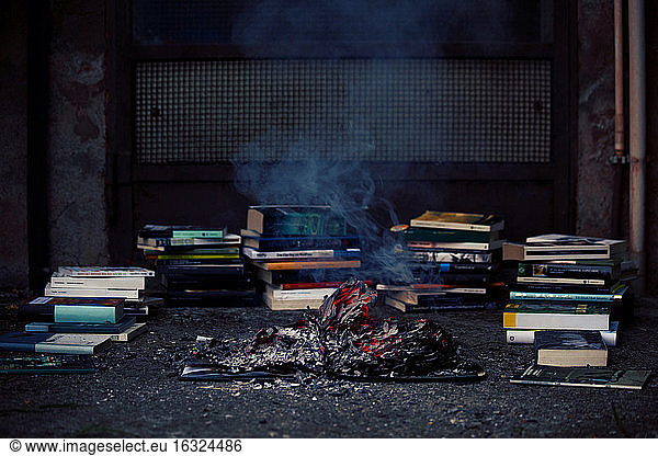 Stack of books  fireplace  burnt book