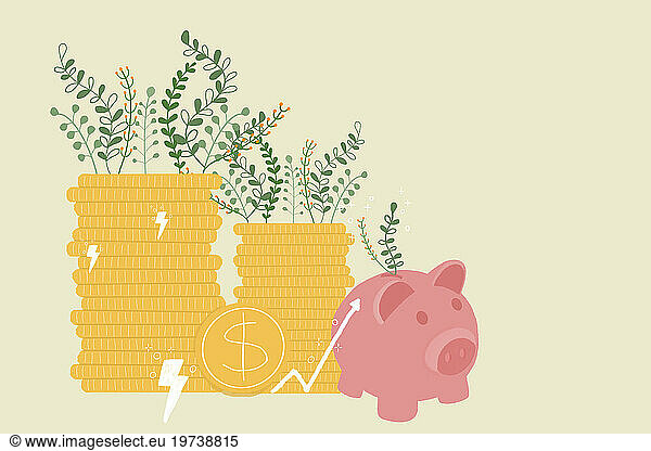 Stack of coins near piggy bank and plants