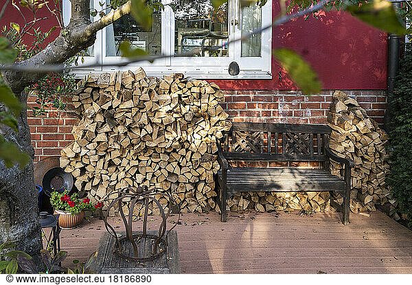 Stack of firewood stored in back yard
