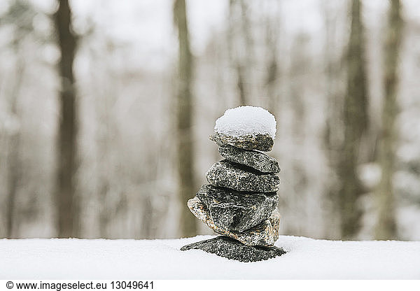 Stack of stones on snow in forest