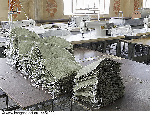 Stacked sacks in textile factory
