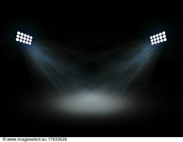 Stadium Theater Floolights Scheinwerfer mit Lichtstrahlen auf schwarzem Hintergrund