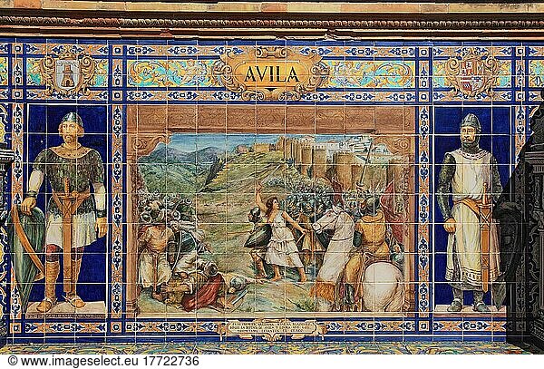 Stadt Sevilla  am Plaza de Espana  Ornamente aus Fliesen  Details der Ornamentik  die die 48 Provinzen Spaniens präsentieren  hier Avila  Karten der Provinzen  Mosaike historischer Ereignisse  Andalusien  Spanien  Europa