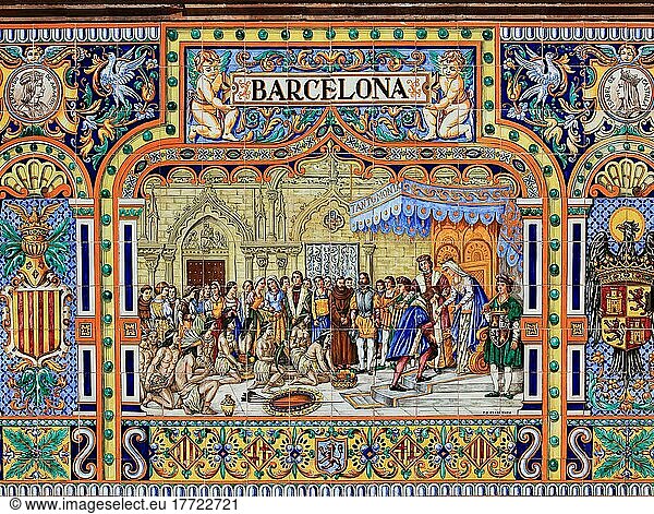 Stadt Sevilla  am Plaza de Espana  Ornamente aus Fliesen  Details der Ornamentik  die die 48 Provinzen Spaniens präsentieren  hier Barcelona  Karten der Provinzen  Mosaike historischer Ereignisse  Andalusien  Spanien  Europa