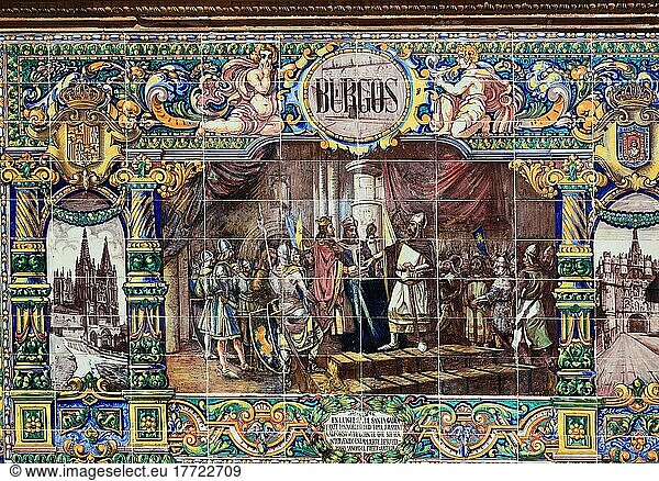 Stadt Sevilla  am Plaza de Espana  Ornamente aus Fliesen  Details der Ornamentik  die die 48 Provinzen Spaniens präsentieren  hier Burgos  Karten der Provinzen  Mosaike historischer Ereignisse  Andalusien  Spanien  Europa