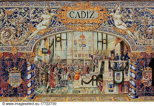 Stadt Sevilla  am Plaza de Espana  Ornamente aus Fliesen  Details der Ornamentik  die die 48 Provinzen Spaniens präsentieren  hier Cadiz  Karten der Provinzen  Mosaike historischer Ereignisse  Andalusien  Spanien  Europa