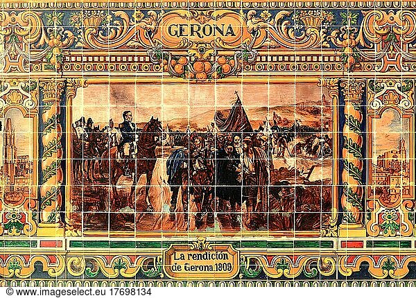 Stadt Sevilla  am Plaza de Espana  Ornamente aus Fliesen  Details der Ornamentik  die die 48 Provinzen Spaniens präsentieren  hier Gerona  Karten der Provinzen  Mosaike historischer Ereignisse  Andalusien  Spanien  Europa