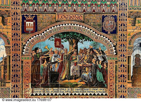 Stadt Sevilla  am Plaza de Espana  Ornamente aus Fliesen  Details der Ornamentik  die die 48 Provinzen Spaniens präsentieren  hier Logrono  Karten der Provinzen  Mosaike historischer Ereignisse  Andalusien  Spanien  Europa