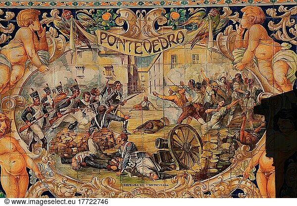 Stadt Sevilla  am Plaza de Espana  Ornamente aus Fliesen  Details der Ornamentik  die die 48 Provinzen Spaniens präsentieren  hier Pontevedra  Karten der Provinzen  Mosaike historischer Ereignisse  Andalusien  Spanien  Europa