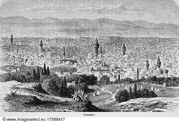 Stadtansicht  von oben  Türme  Minarette  Stadttor  Hügel  Gebirge  Hauptstadt  historische Illustration  1885  Damaskus  Syrien  Asien