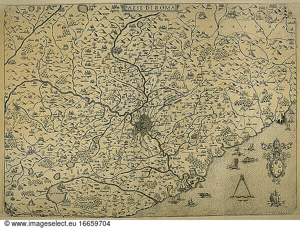 Stadtplan von Rom. Italienischer Kupferstich. 16. Jahrhundert.