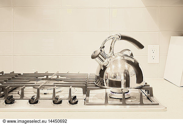 Stainless steel tea kettle on stove