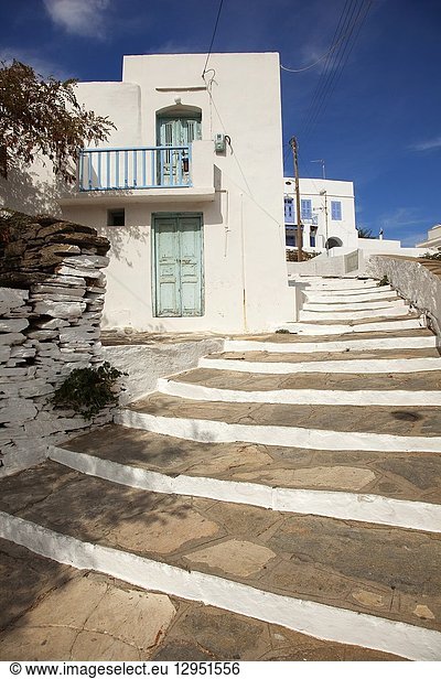 Stairs leading to the whitewashed houses in Artemonas village  Sifnos Island  Cyclades Islands  Greek Islands  Greece  Europe