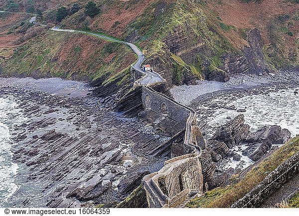 Stairs to hermitage on Gaztelugatxe islet in on the coast of Biscay province of Spain.