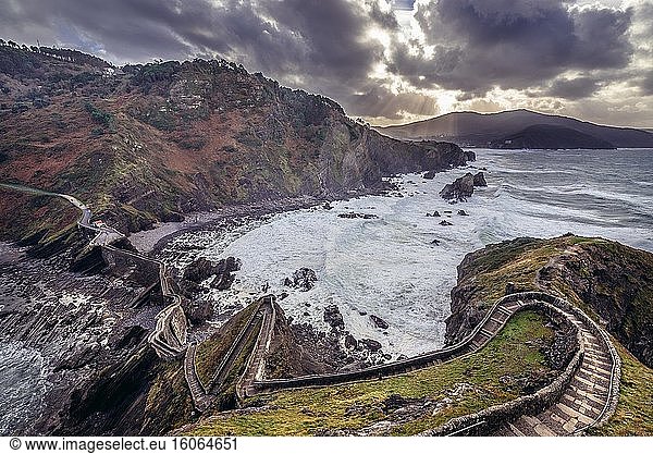 Stairs to hermitage on Gaztelugatxe islet in on the coast of Biscay province of Spain.
