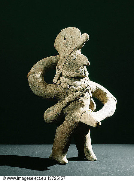 Standing ithyphallic figure  with hat and necklace  holding phallus  Mexico. 300 BC 100 AD. Colima / Nayarit.