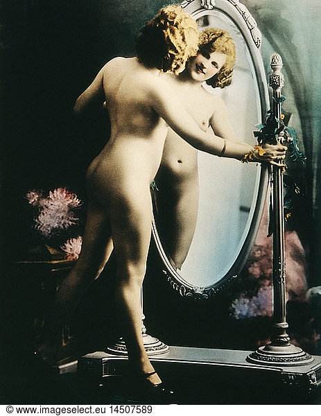 Standing Nude Woman Looking into Full Length Mirror  Hand-Colored Photograph  1927