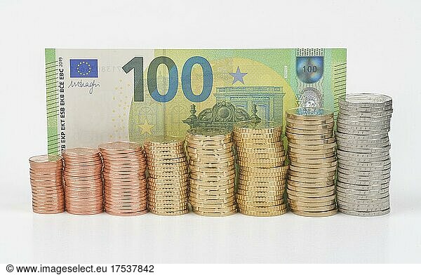 Stapel Centmünzen  Euromünzen  100er Euro-Geldschein  Studioaufnahme