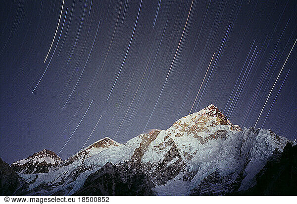Star trails at Mount Everest in the Khumbu Himalaya of Nepal of Nepal