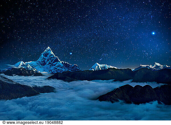 Starry sky over sea of clouds and mountains  Pokhara  Kaski  Nepal